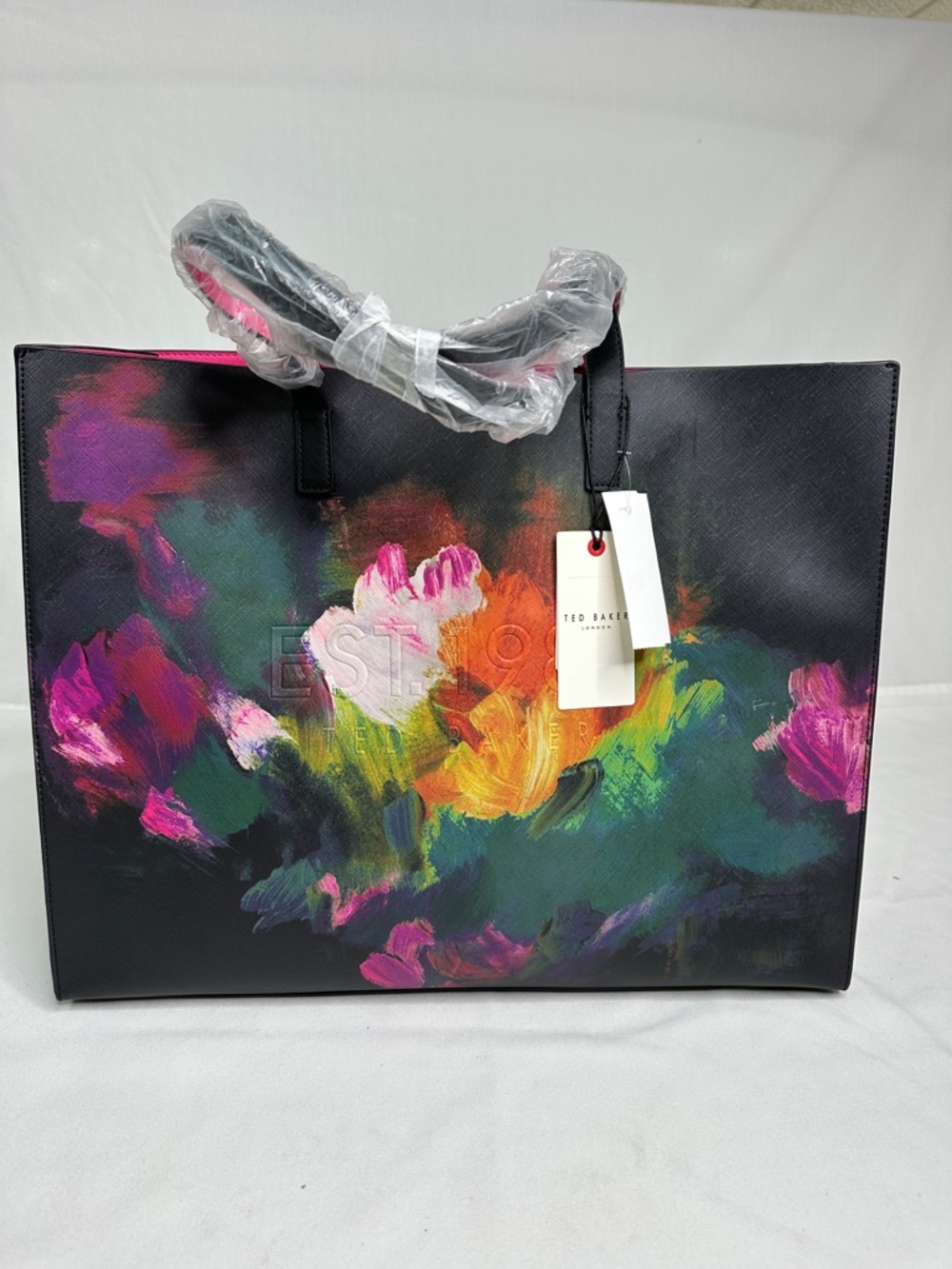 Ted Baker Black Tote with Multicolor Brushstroke Floral Print